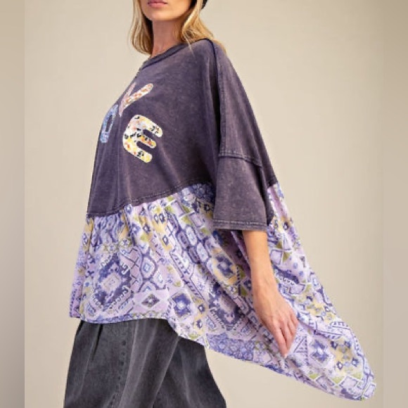 NEW🩶Easel Oversized Solid and Mixed Print LOVE Patched Top Small Ash - Picture 3 of 10